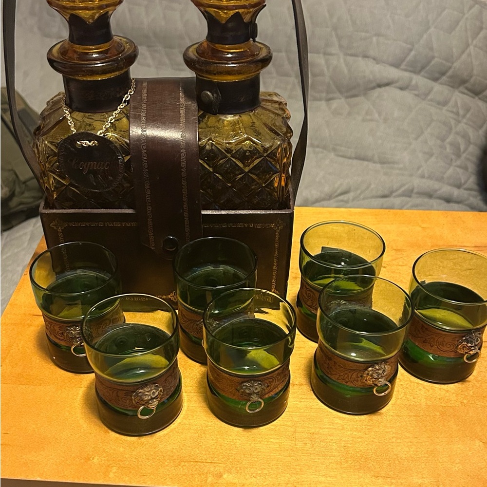 Vintage MCM Glass Decanter Set with Green Glasses